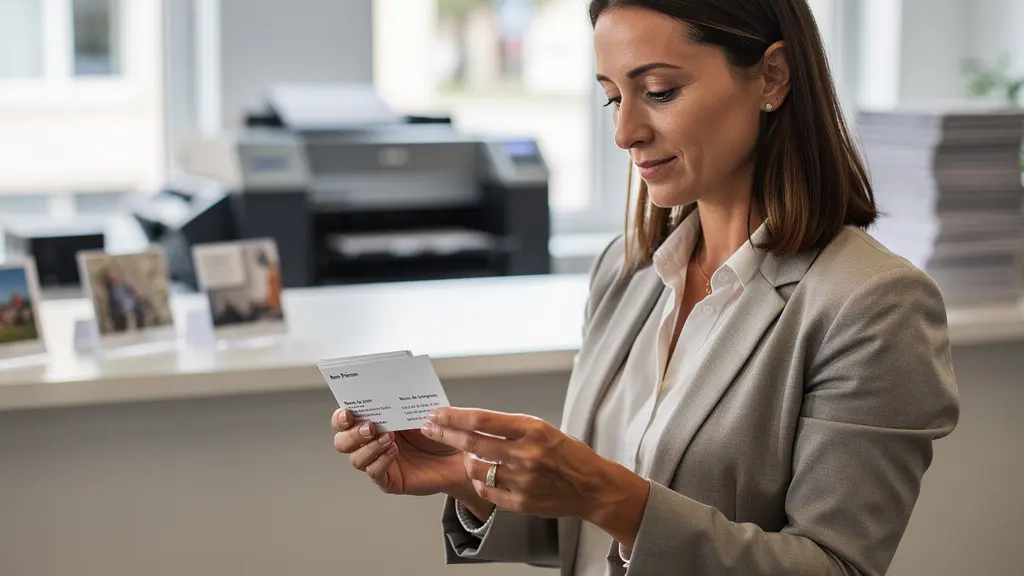 Professionnelle examinant des cartes de visite imprimées dans une agence d'impression moderne