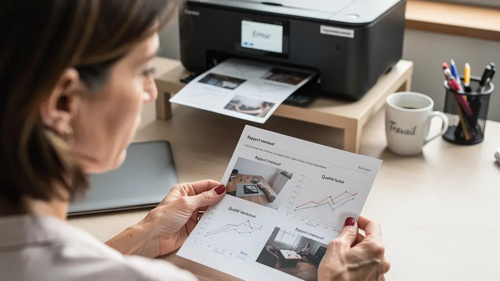 Femme déçue regardant des cartes de visite mal imprimées à domicile