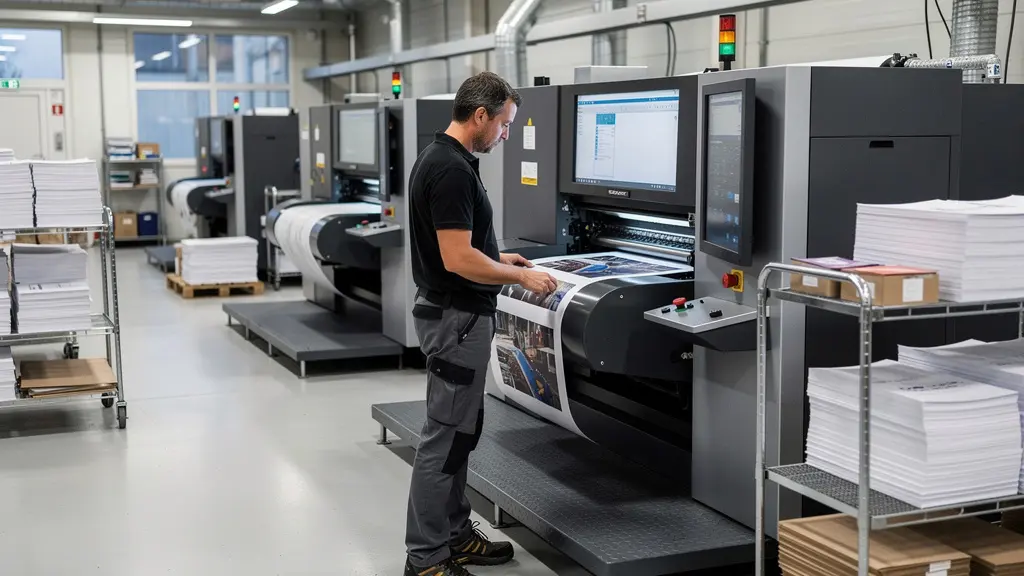 Technicien imprimeur supervisant une presse numérique professionnelle